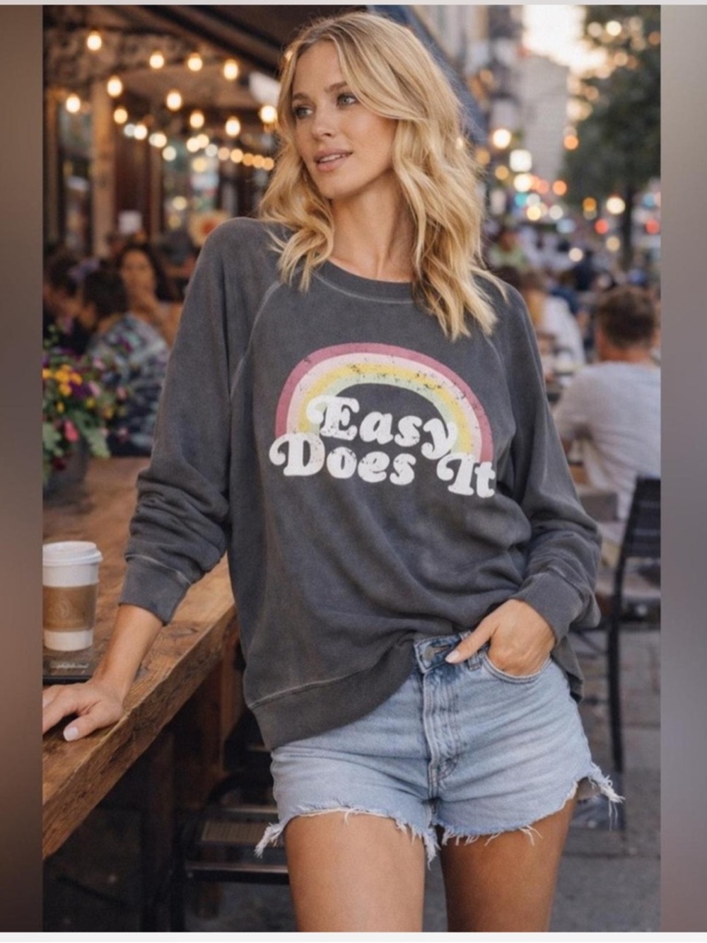 Wildfox Charcoal Grey 'Easy Does It' Graphic Rainbow Sweatshirt Size XL